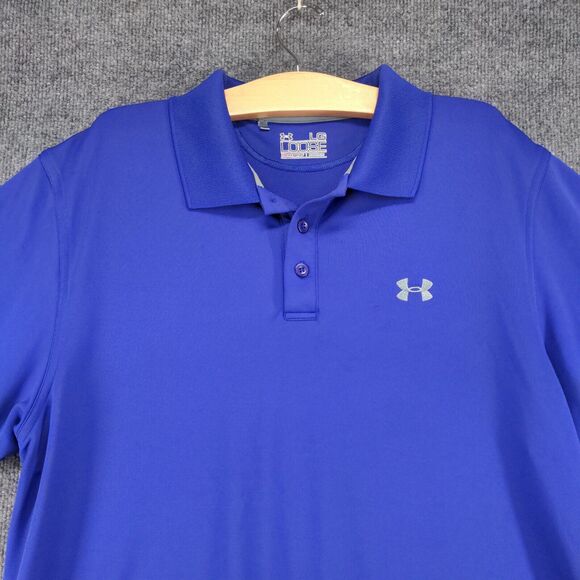 Under Armour Men's Polo Shirt Blue Large Loose Heatgear Logo Short Sleeve - Picture 3 of 16